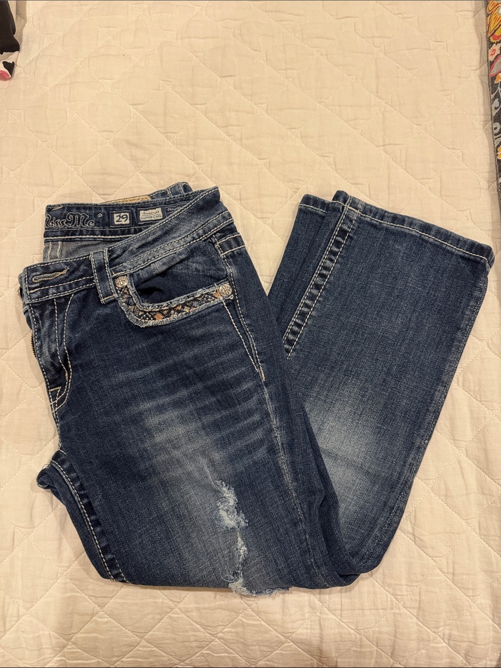 Miss Me Dark Blue Boot Cut Jeans with Embroidered Trim